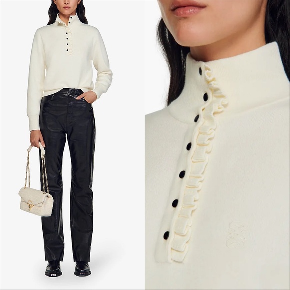 Sandro clo clo ruffle placket wool blend collared sweater
